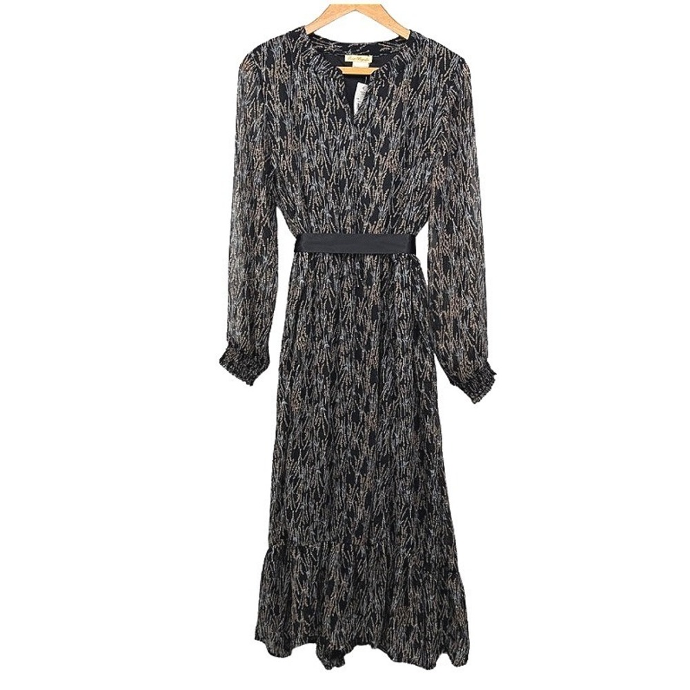 Sweet Magnolia Long Dress Black Floral Ruffle Satin Belt Boho Whimsigoth Size MD